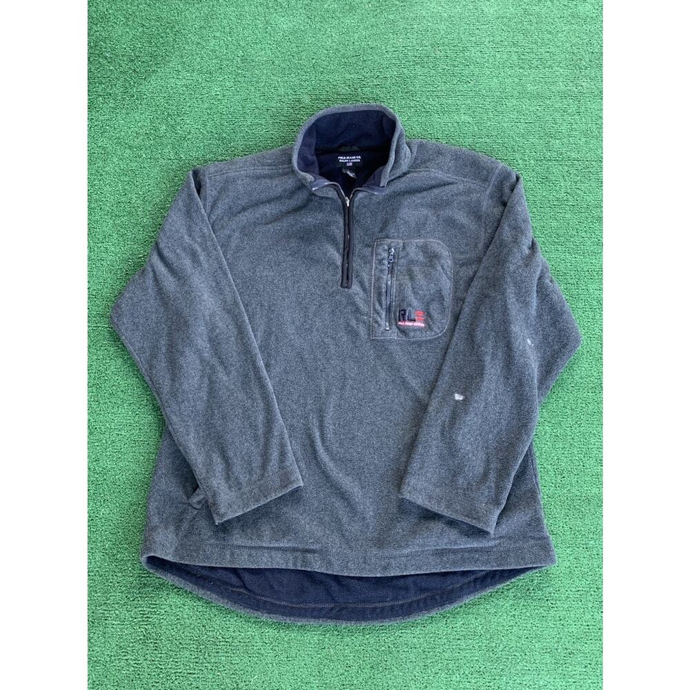 Polo Jeans Co Ralph Lauren Mens Size L Vtg Fleece Pullover Gray Quarter Zip